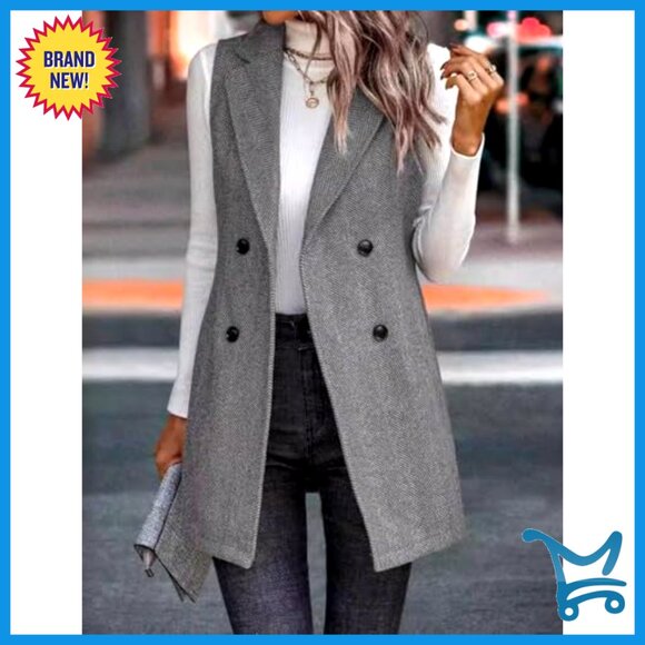 Sleeveless Tweed Vest Blazer, Wool Blend, Double Breasted, Business Casual - Picture 4 of 5